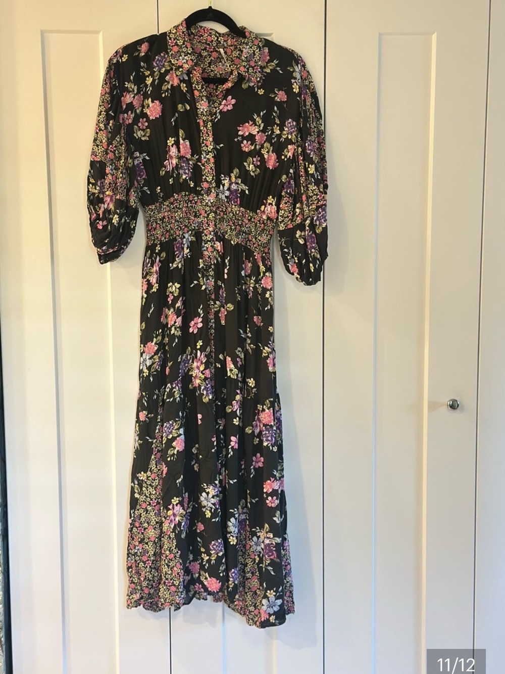 Free People Floral Maxi Dress Black Smocked Boho Button Front XS - Picture 12 of 13